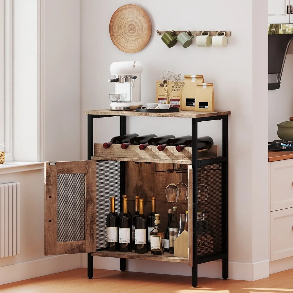 Garrafeira Bar 60 x 34 x 79 cm de Vinhos com Prateleira Removível para Vinhos e Porta-Copos Armário Bar Castanho