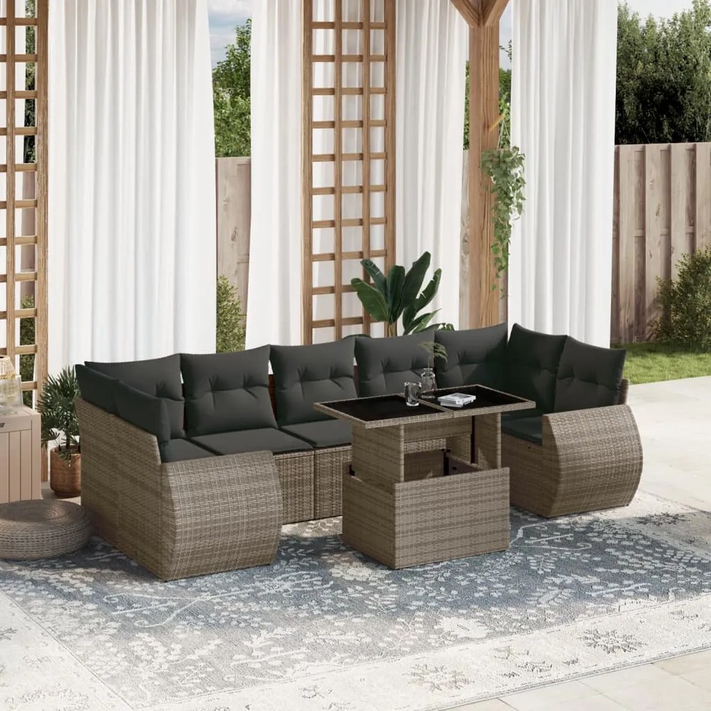 8 pcs conjunto sofás de jardim c/ almofadões vime PE cinzento