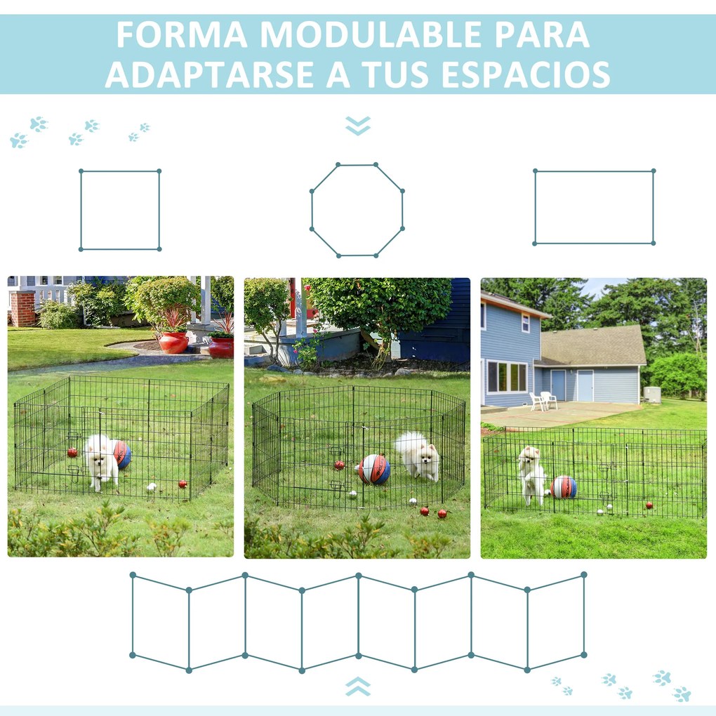 PawHut Parque para Cães 8 Painéis 61x61cm Dobráveis Gaiola Metálica para Animais de Estimação com Porta e Dupla Fechadura para Jardim Pátio Exterior Preto