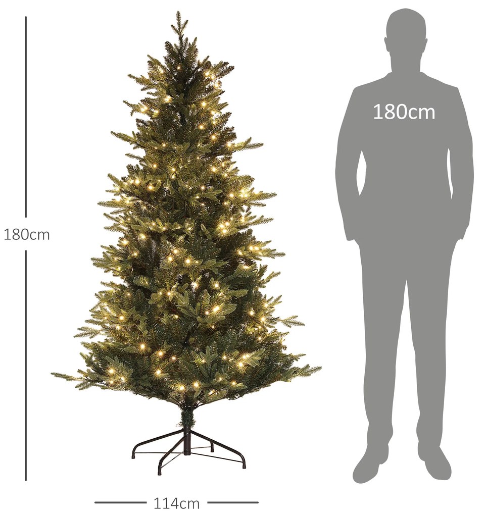 Árvore de Natal 180 cm Árvore de Natal Artificial com 350 Luzes LED 726 Ramos e Suporte de Aço Decoração de Natal Ø114x180 cm Verde
