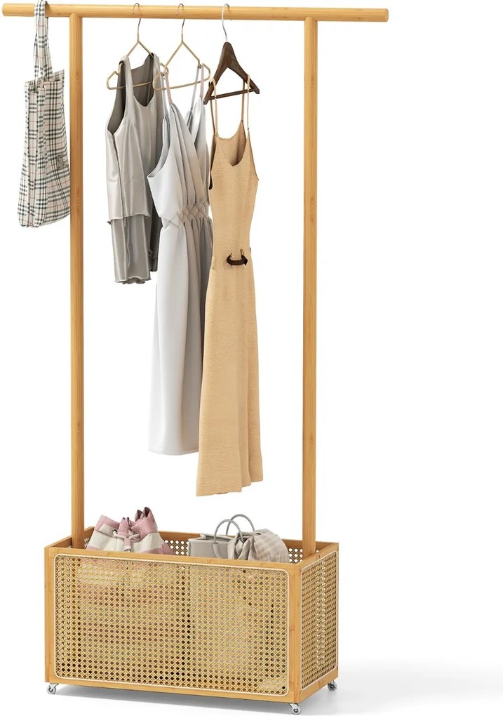 Cabide Guarda Roupa de bambu 100 x 32,5 x 172 cm Suporte para pendurar casacos com cesto de rattan e rodas com barra natural