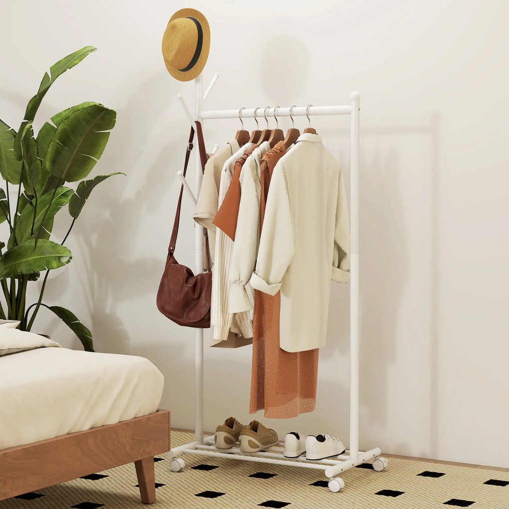 Guarda Roupa com Rodas 5 Ganchos Barra para Pendurar e Prateleira Inferior 68x43x171 cm Branco