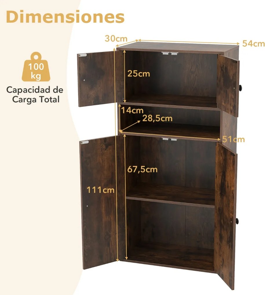 Estante com 4 portas de armazenamento moderno 54 x 30 x 111 cm de 4 níveis com prateleiras ajustáveis Castanho