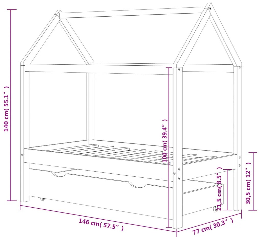 Estrutura de cama para crianças c/ gaveta 70x140cm pinho maciço