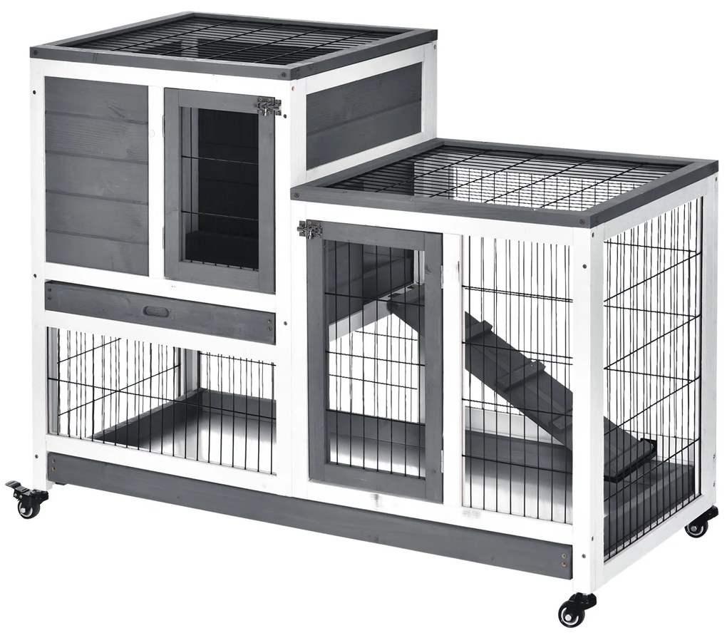 Coelheira de Madeira Interior com Rodas Gaiola para Coelhos Animais Pequenos de 2 Pisos com Zona Aberta Rampa e 2 Bandejas Removíveis 110x50x86cm Cinz