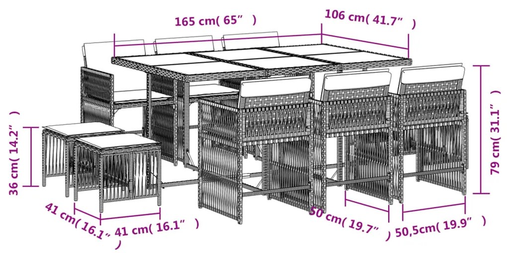 11 pcs conjunto de jantar p/ jardim com almofadões vime PE bege
