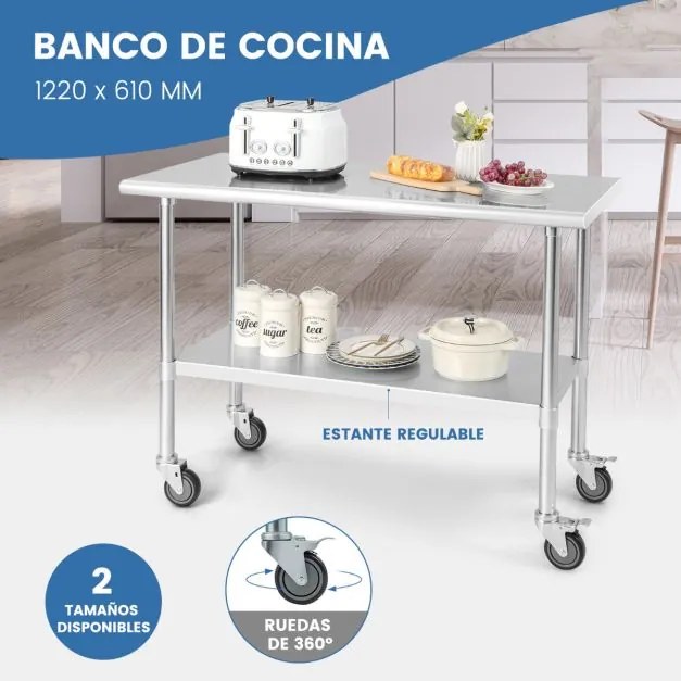 Carrinho de Cozinha Mesa de trabalho em aço inoxidável com 4 rodas Pernas galvanizadas Estante ajustável para cozinha 122 x 61 x 89 cm Prateada