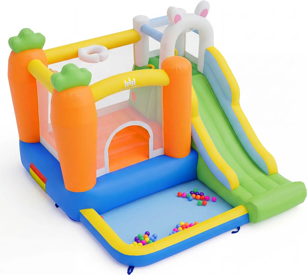 Castelo insuflável infantil com tema de coelho (SOPRADOR NÃO INCLUIDO), escorrega, piscina de bolas, parede de escalada e saco de transporte para cria