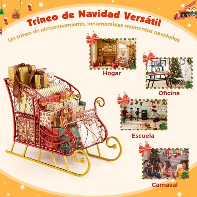 Cesto de Natal em Metal desenho Trenó de 2 Níveis para Presentes do Pai Natal Carrinho Trenó Decorativo Decoração Natal Vermelho