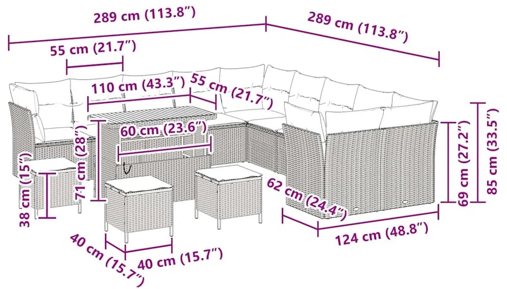 Conjunto de Sofá de Jardim com 14 Peças e Almofadas de Rattan Poliéste