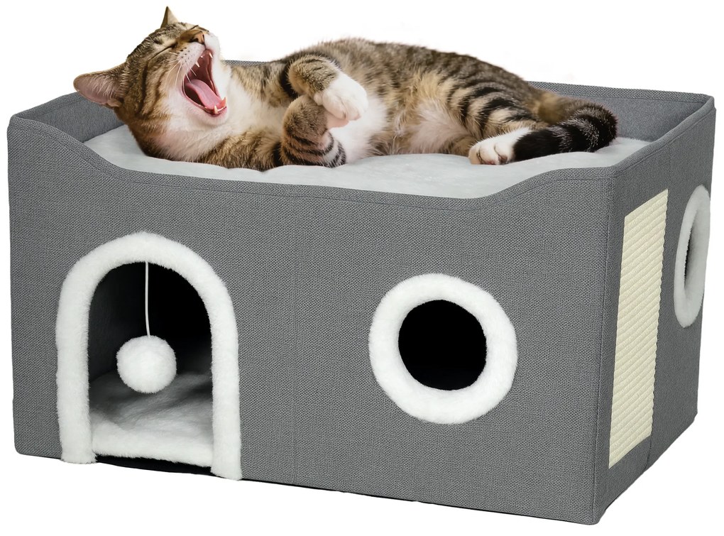 Casa para Gatos Dobrável com Arranhador 3 Entradas Bola Pendurada Almofada Reversível em Pelúcia e Tipo Linho 60x40x34 cm Cinza