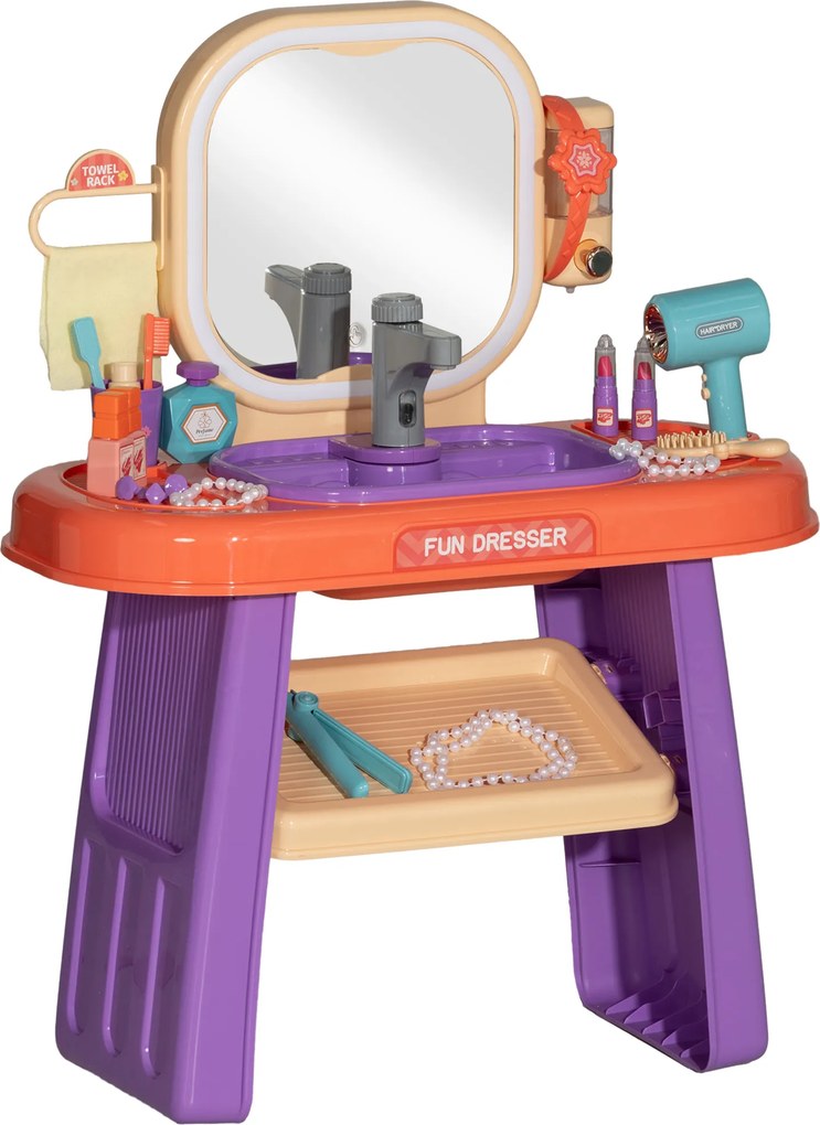 AIYAPLAY Penteadeira infantil com espelho LED, música, torneira, espelho acrílico, violeta, 55x29x71 cm | Aosom Portugal