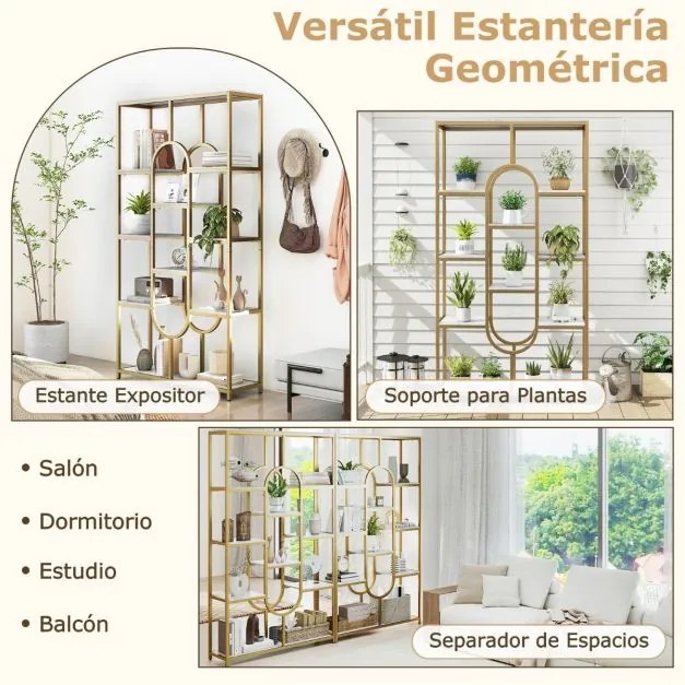 Estante de 5 níveis 95 x 30 x 175 cm com Prateleiras Abertas com Forma Ovalada Moldura Branca e Dourada