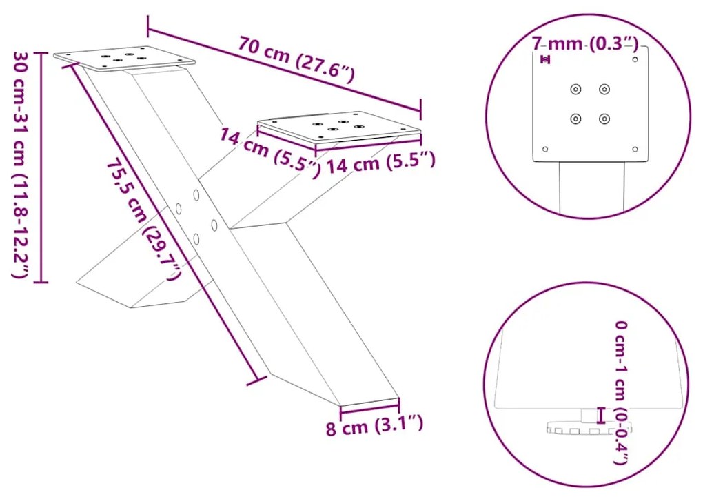 Pés para mesa de centro em formato de X, 2 peças, aço natural, 70x(30-