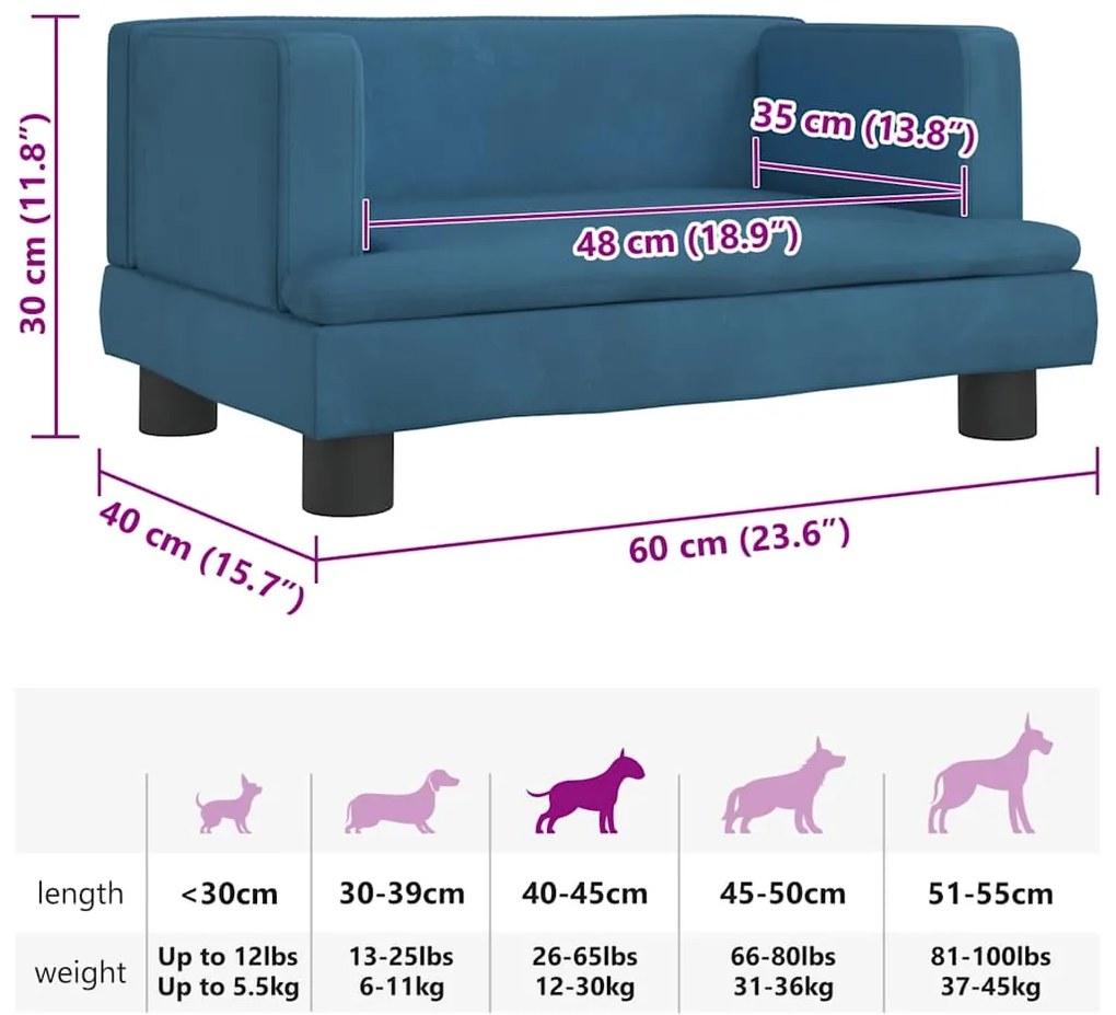 Cama para cães 60x40x30 cm veludo azul