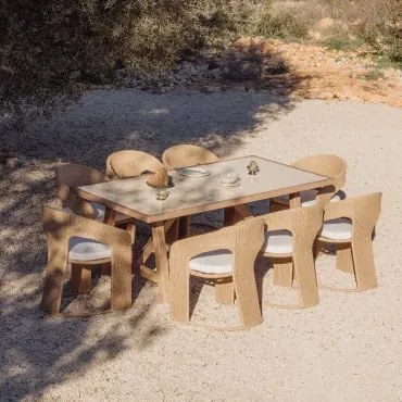 Conjunto De Mesa Retangular 200x100 Cm Em Madeira De Acácia E Azulejos Dubai E 8 Cadeiras De Jardim Em Rattan Sintético Omarel Tapioca Bege - Sklum