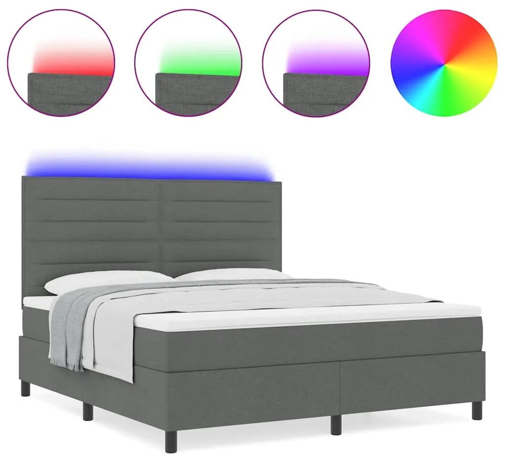 Cama Box com Colchão e LED em Cinza Escuro, 160 x 200 cm Tecido