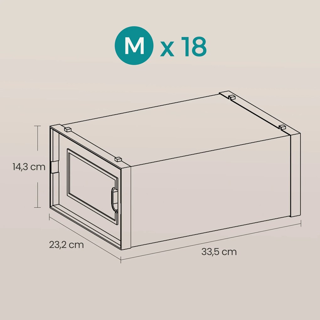 Conjunto de 18 caixas para sapatos em plástico 33,5 x 23,2 x 14,3 cm branco + transparente