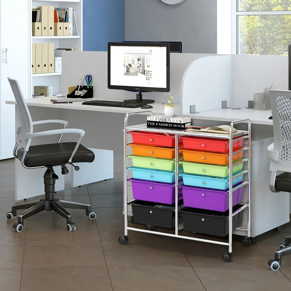 Carrinho Auxiliar com 12 Gavetas Carrinho de Armazenamento com Rodas Estantes em Mesa de Escritório Cozinha Casa de Banho 64 x 38 x 75 cm Multicolor 2
