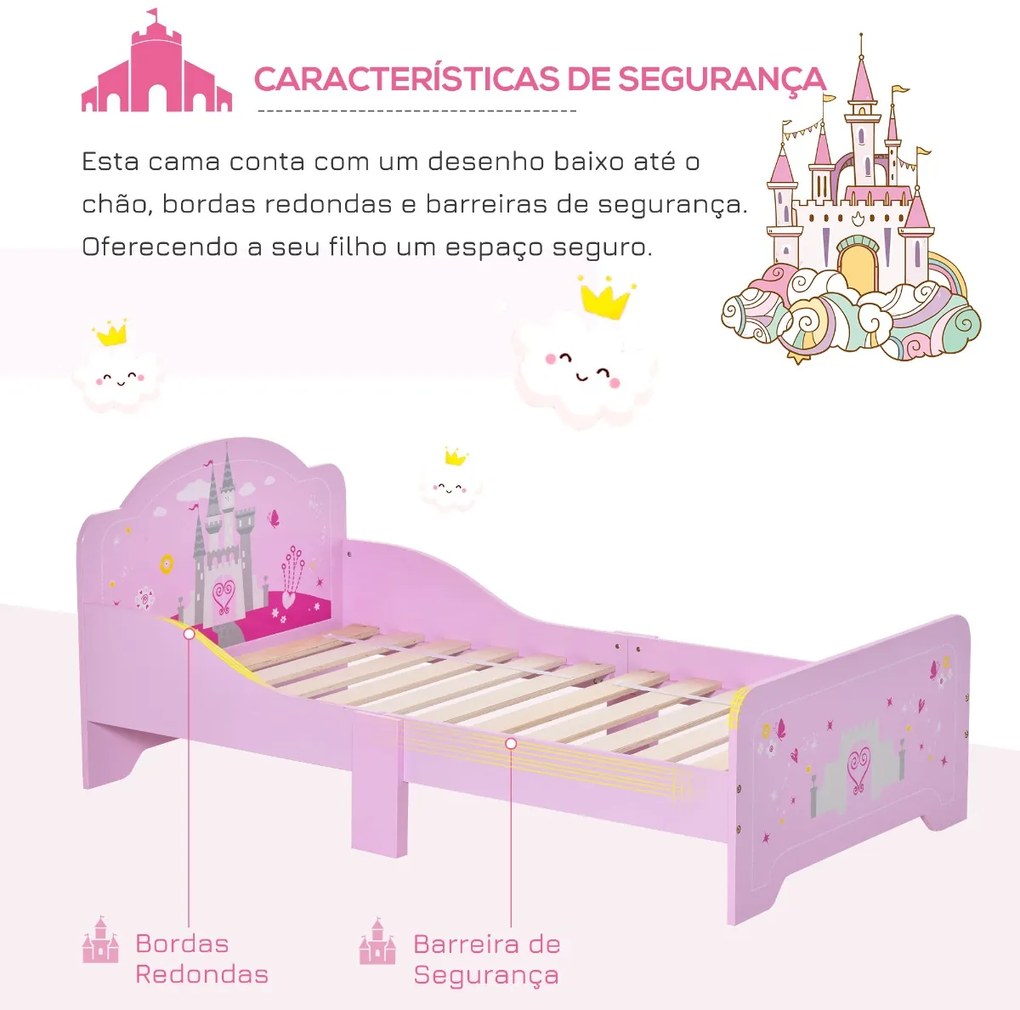 Cama Infantil acima de 3 Anos Cama para Crianças de Madeira com Barreira de Proteção Carga Máx. 50kg 143x73x60cm Rosa