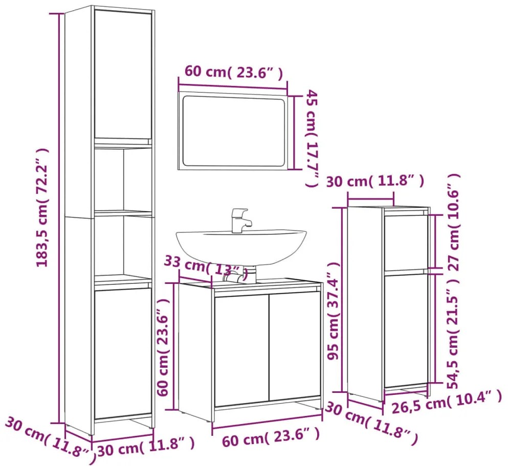 4 pcs Conjunto móveis casa de banho madeira proc. cinza sonoma