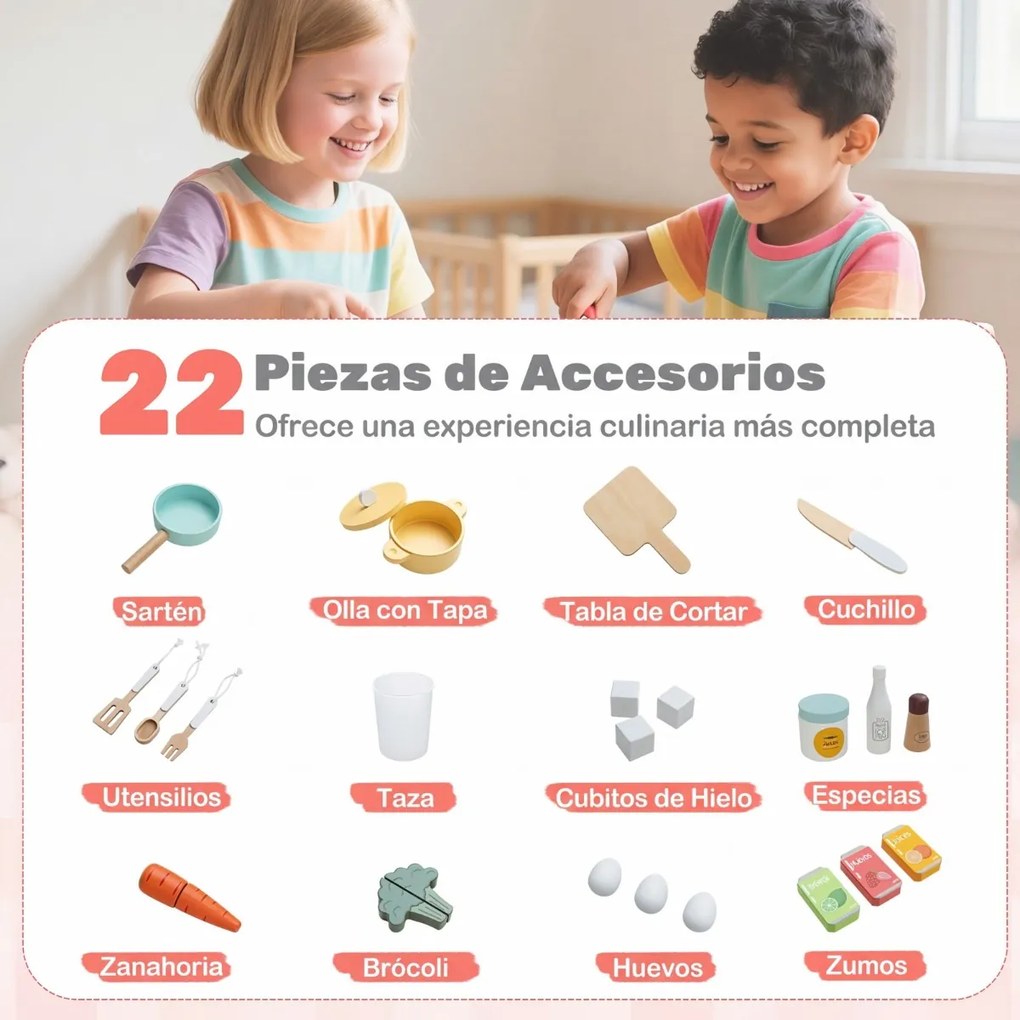 Cozinha infantil canto 102 × 100 × 94 cm com luzes e sons, frigorífico de duas portas, Geleira, micro-ondas e arrumação em madeira para crianças a par