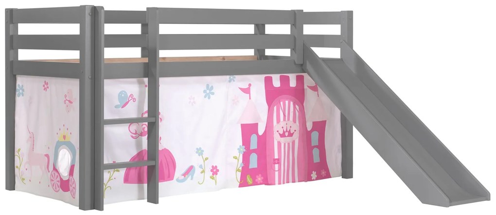 Conjunto Cama alta de Criança PINO 90 x 200 cm + estrado + escada + escorrega + cortina  Astronauta Cinzenta