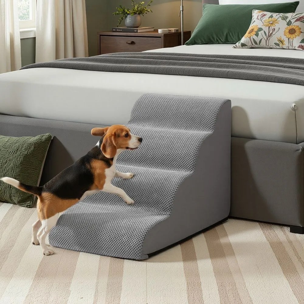 Escada para cães, 4 degraus 72 x 40 x 50 cm Escada para animais de estimação, tecido tipo waffle cinza ardósia