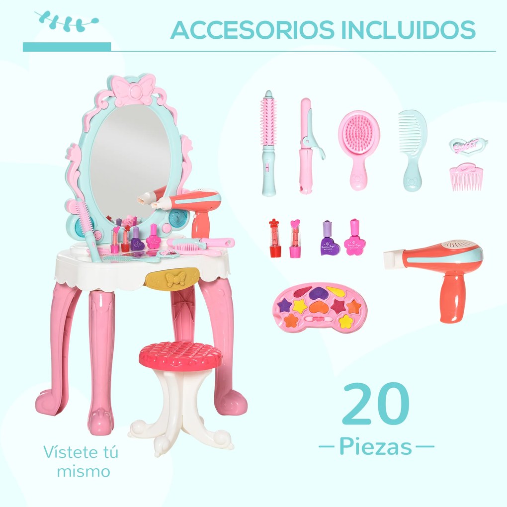 HOMCOM Toucador Infantil para Crianças acima de 3 Anos com Banco Espelho com Luz e Música com 20 Acessórios Centro de Beleza Infantil 41x27x82cm Multicolor