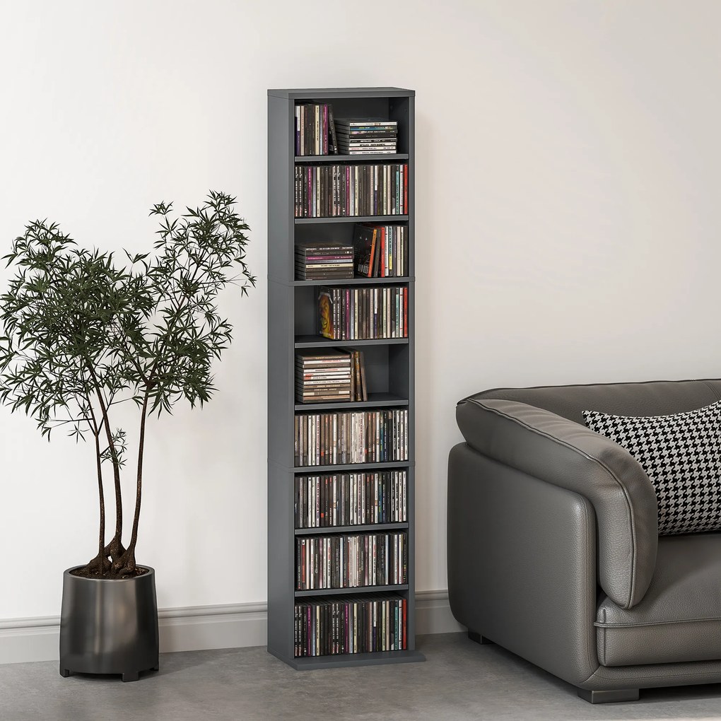 Organizador para CD e DVD com 9 compartimentos e 6 prateleiras ajustáveis; capacidade máxima de 260 CD/120 DVD; 33 x 24 x 140 cm; cinzento