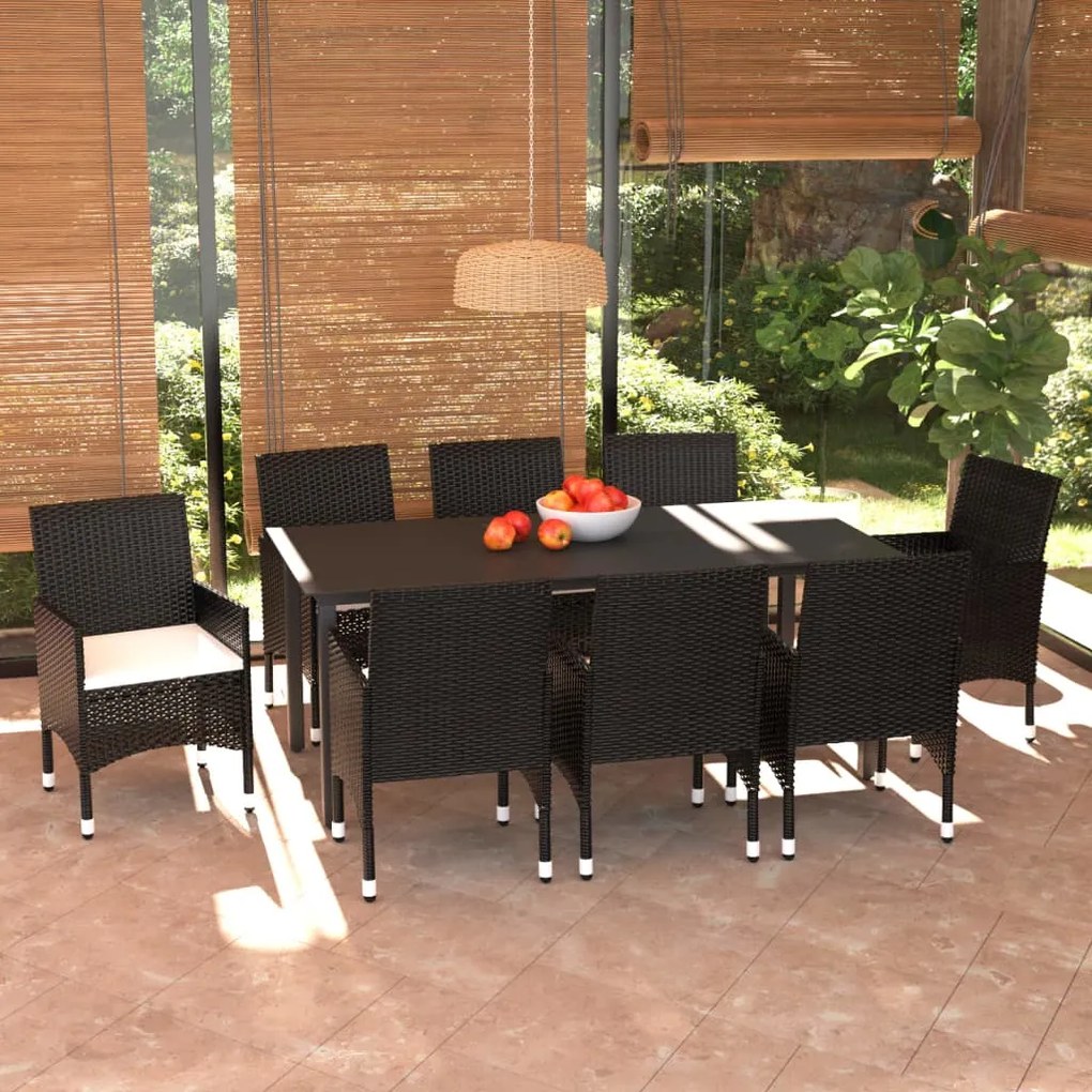 vidaXL 9 pcs conjunto de jantar p/ jardim c/ almofadões vime PE preto