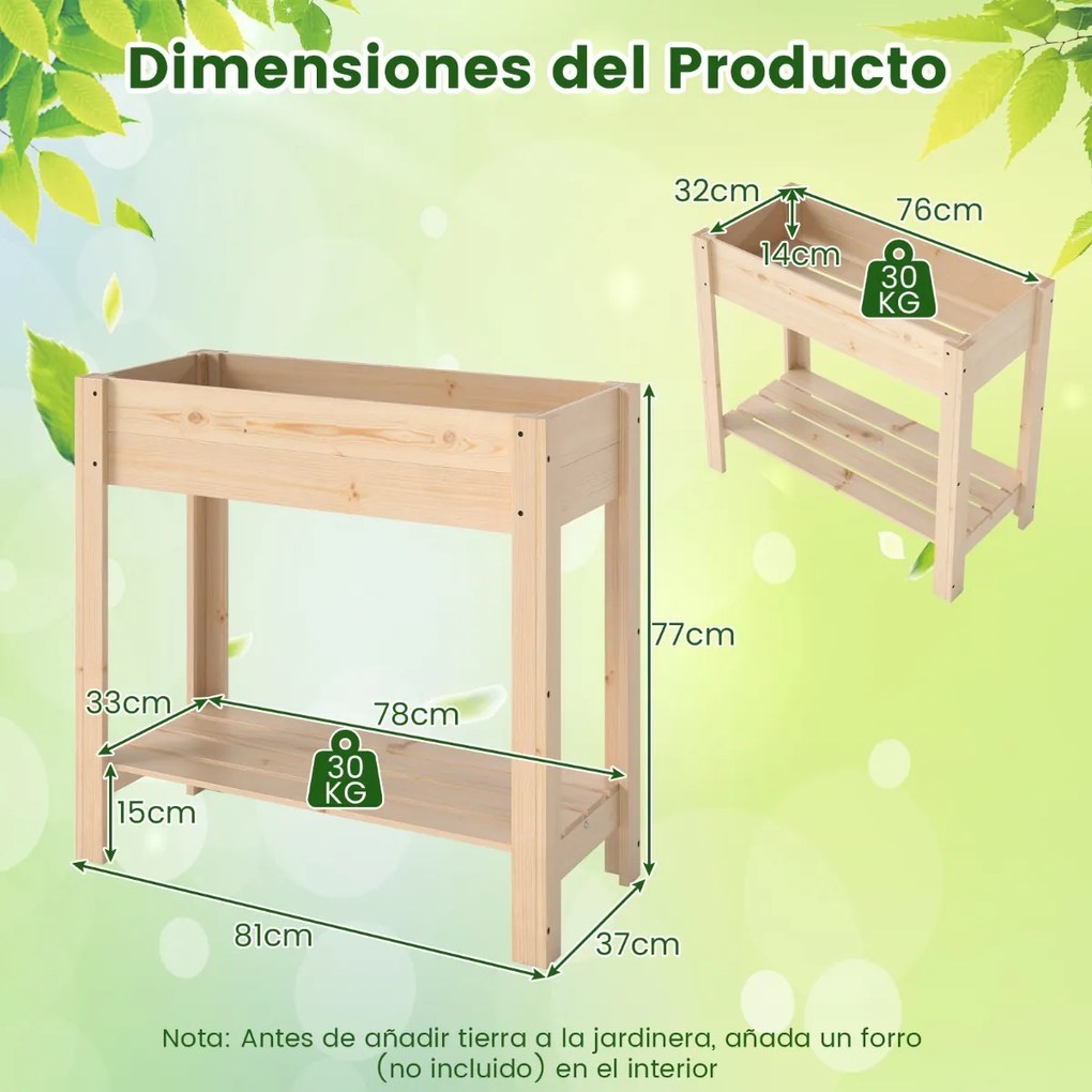 Floreira de Jardim 81 x 37 x 77 cm Elevada de Madeira com Pernas Floreira Elevada com Estante Drenagem Caixa de Plantação Interior e Exterior Floreira