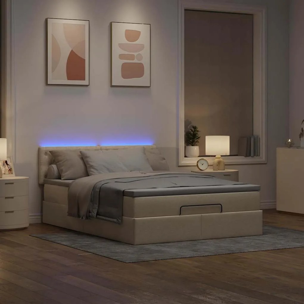 Cama Otomana com Colchão &amp; LEDs Creme 140x200 cm Tecido