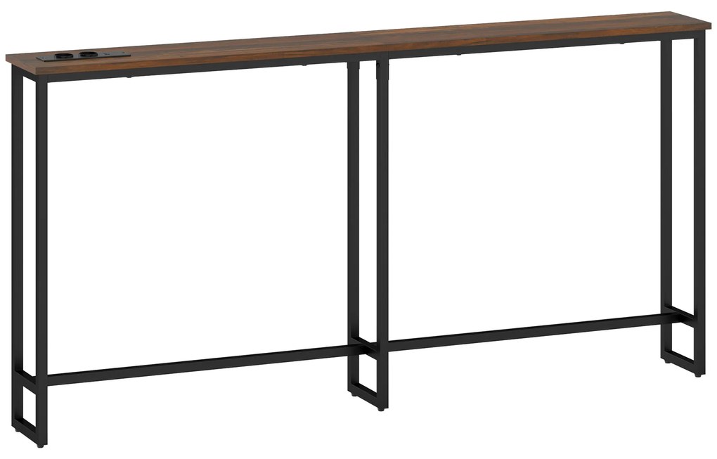 HOMCOM Mesa de Consola Estreita Consola com Estação de Carga Estrutura de Aço Estilo Industrial para 160x20x80 cm Marrom Rústico | Aosom Portugal