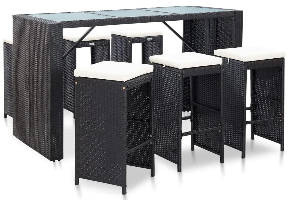 7 pcs conjunto bar para jardim c/ almofadões vime PE preto