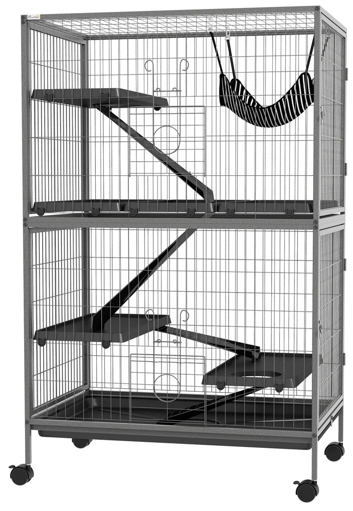 Gaiola para Roedores 80x52x128 cm Casa de 4 Alturas com Rampas Suspensa Rede Bandeja Removível Rodas Cinza Prateado