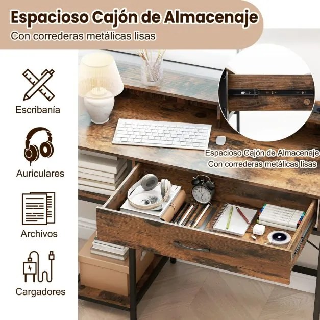 Secretária para computador 106 x 48 x 90 cm com tomadas com armário superior, gaveta e 2 prateleiras abertas Estrutura Castanha