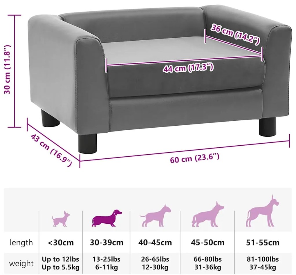Sofá para cães 60x43x30 cm pelúcia e couro artificial cinzento
