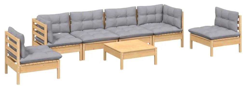 7 pcs conjunto lounge de jardim + almofadões cinza pinho maciço
