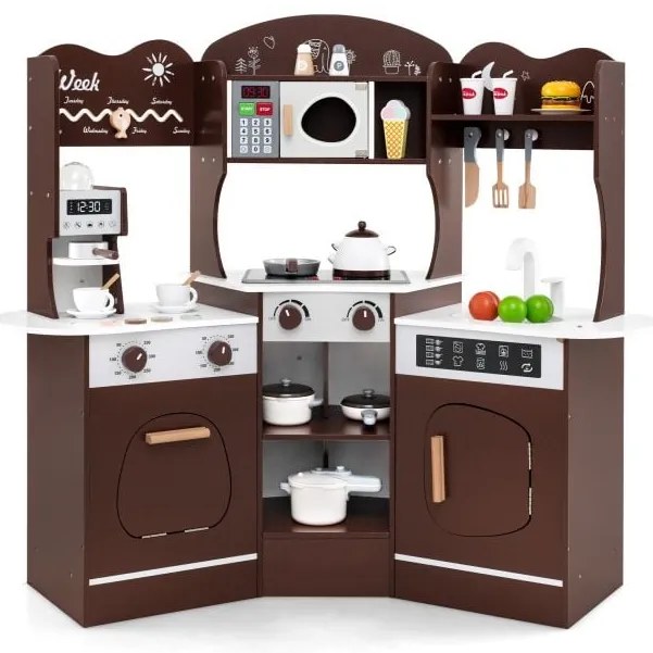 Cozinha de canto de madeira para brincar com luzes, sons e acessórios - rosa