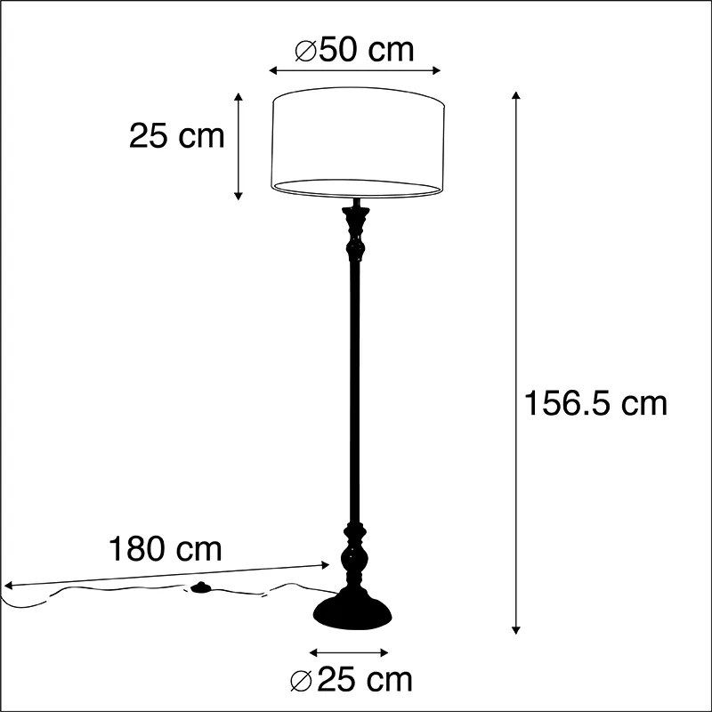Candeeiro de pé preto com abajur em veludo azul-petróleo dourado 50 cm - Classico Clássico / Antigo
