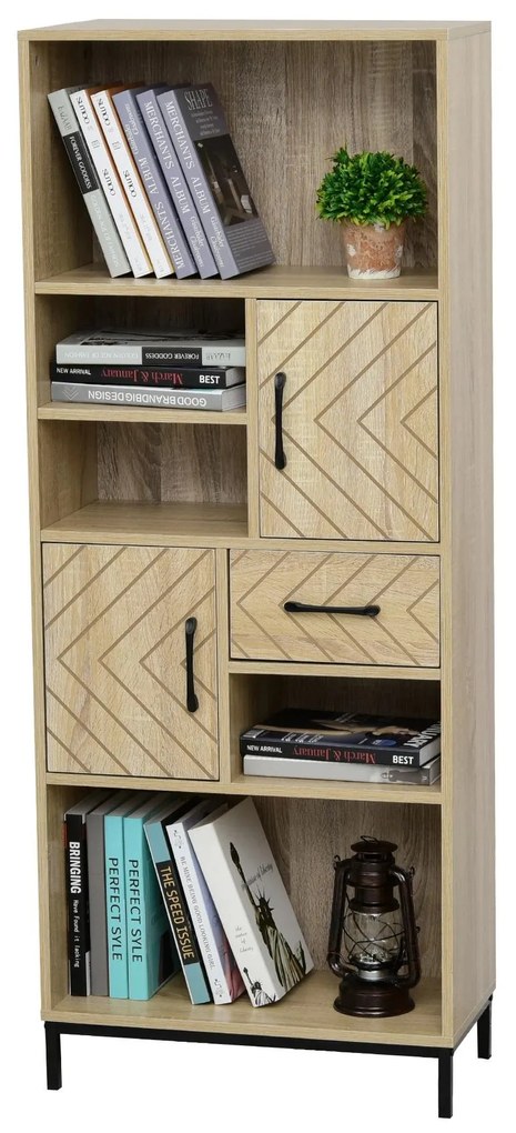 HOMCOM Estante com 5 compartimentos Gaveta 2 Armários com portas e Dispositivo Anti-tombamento 60x30x150 cm Madeira Natural | Aosom Portugal