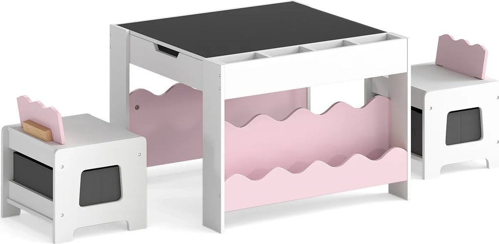 Conjunto de Mesa e 2 Cadeiras Infantis, 66 x 64 x 48 cm, Tabuleiro Reversível, Rosa