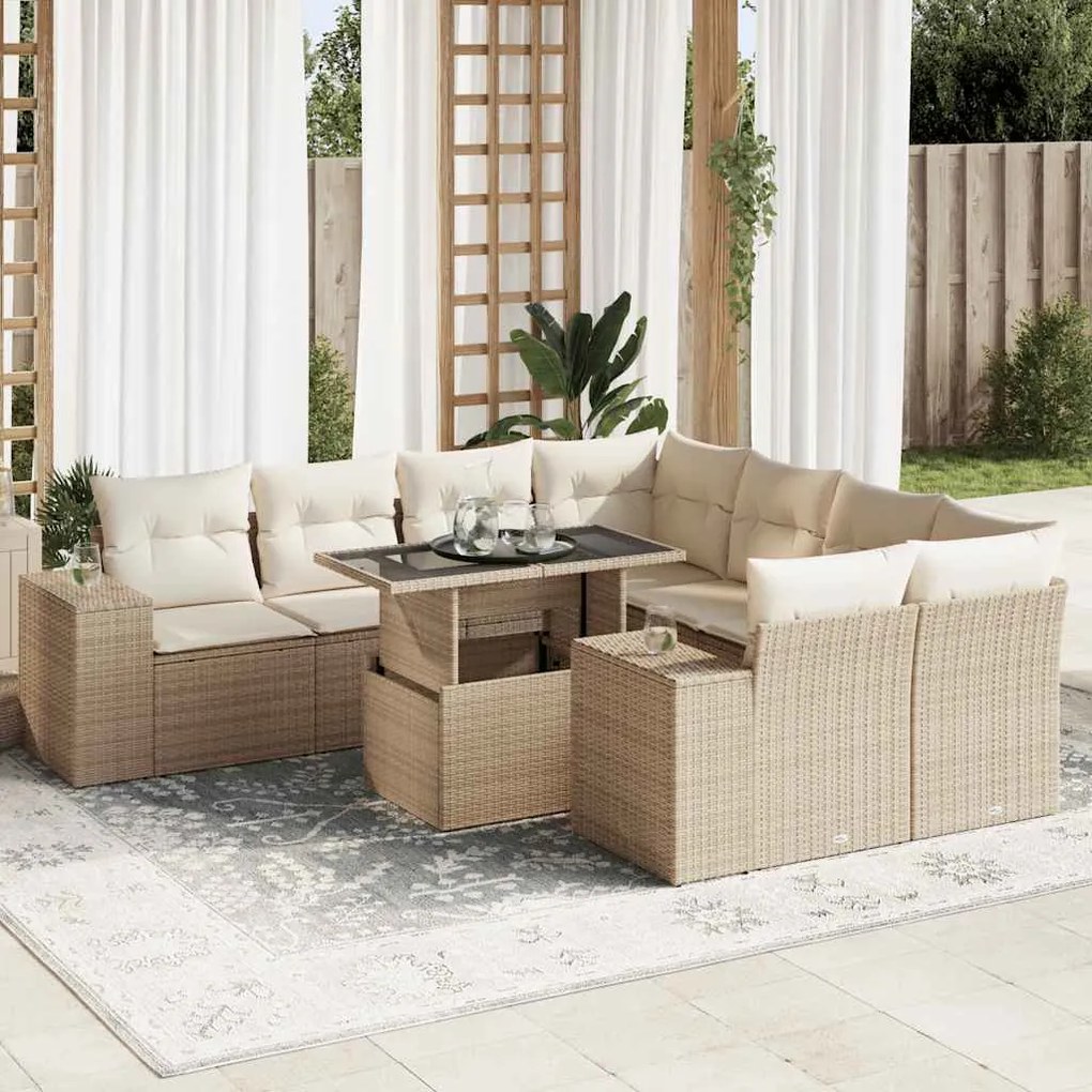 9 pcs conjunto de sofás p/ jardim com almofadões vime PE bege