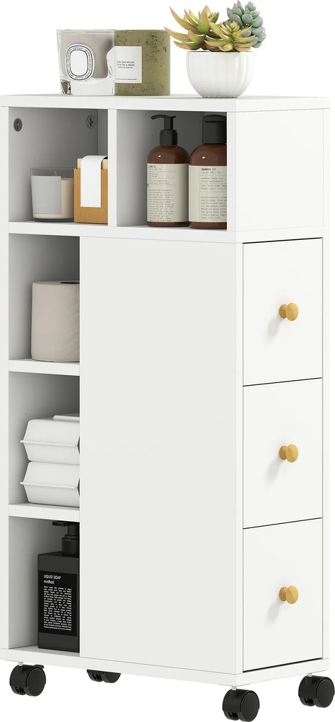 Móvel de casa de banho com rodas, móvel de arrumação estreito, 3 gavetas, 5 compartimentos abertos, 20 x 40 x 80 cm, branco