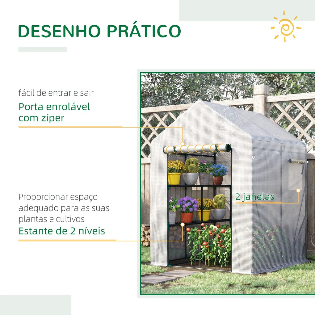 Outsunny Estufa de Jardim 143x143x195cm Estufa de Aço com 2 Prateleiras Porta e 2 Janelas Enroláveis para Cultivo de Plantas Vasos de Flores Pátio Exterior Branco