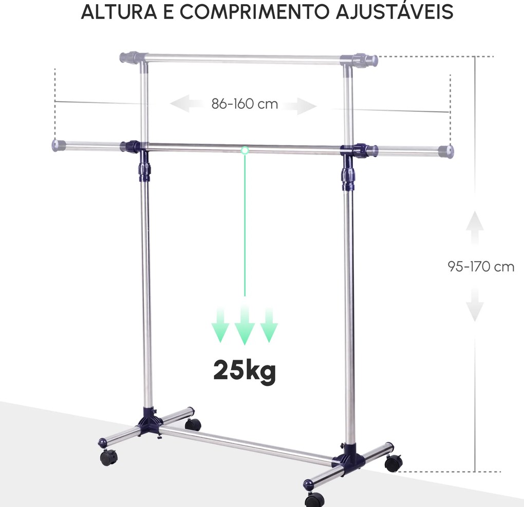 Charriot com Altura Ajustável Cabideiro com Rodas para Roupas Aço Inoxidável 86-160x45x95-170cm Prata e Preto