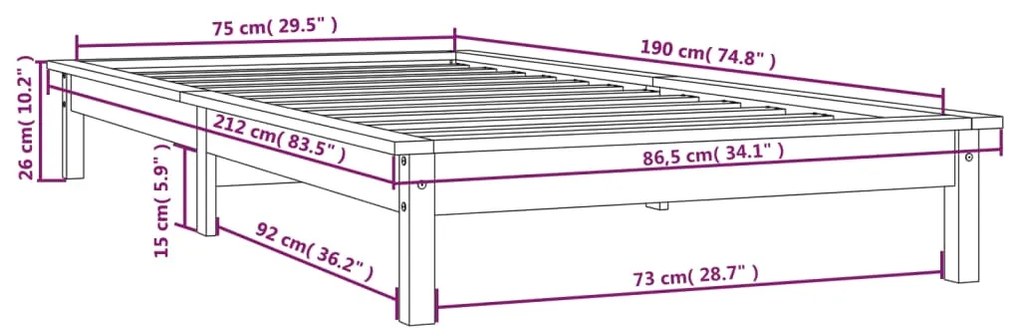 Estrutura cama pequena solteiro 75x190 cm pinho maciço cinzento