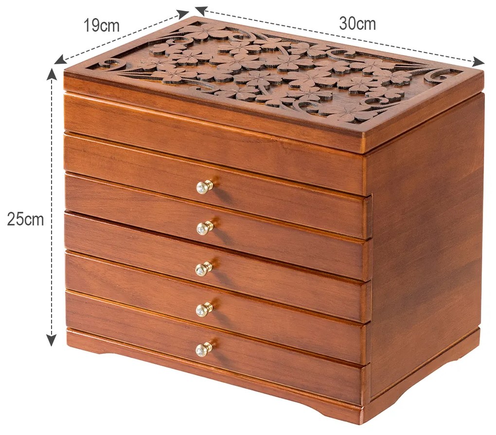 Caixa de Joias com Espelho Organizador de Jóias 6 Gavetas para Colares de Brincos Pulseiras 30 x 19 x 25 cm Castanho
