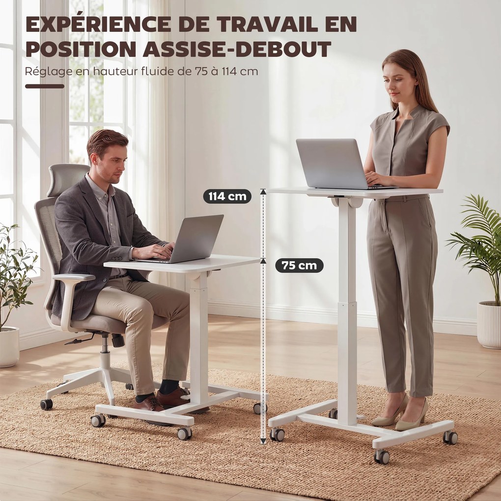 Secretária para trabalhar em pé com altura ajustável 60,5 x 52 x 75-114 cm, tampo inclinável, Rodas e estrutura em aço branco